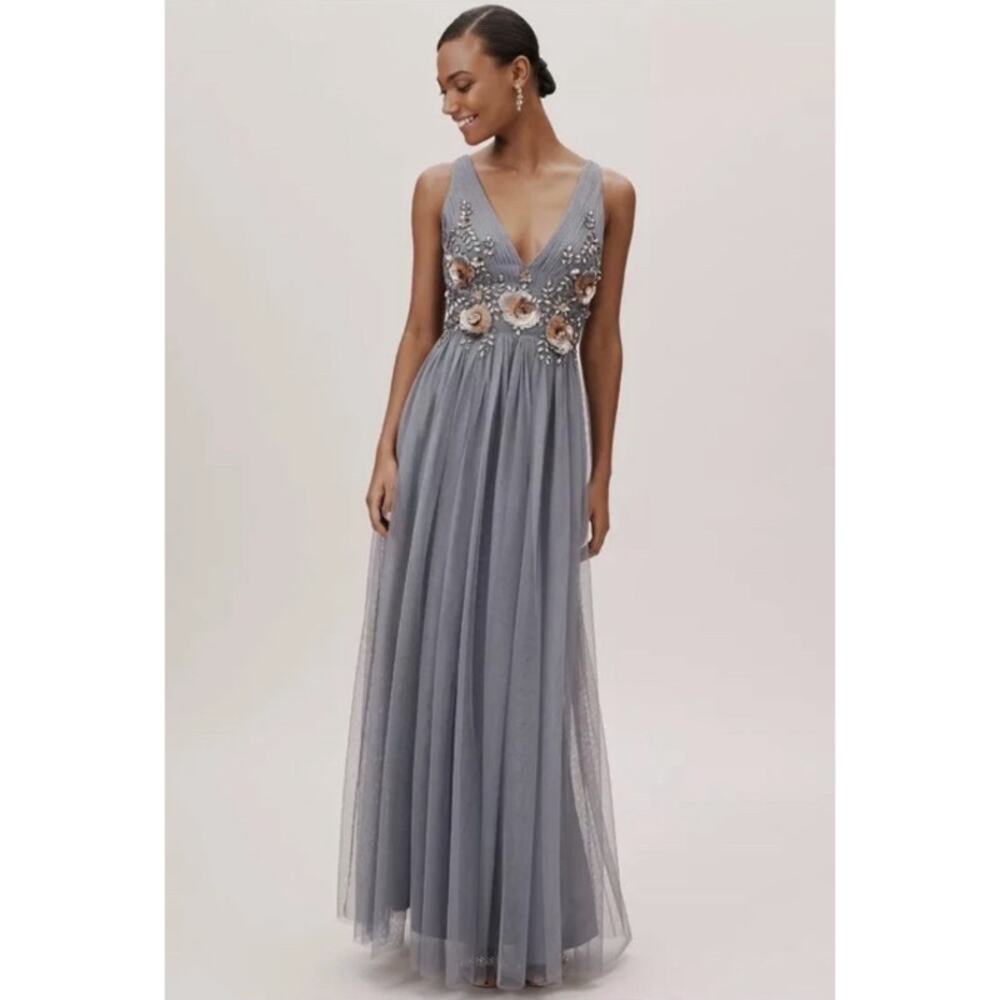 BHLDN x Anthropologie Isabel Embellished Floral Tulle Maxi Gown Dress Blue Sz: 6